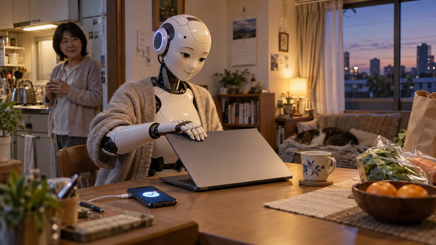 日本の家庭で、家族と同じテーブルに向かうロボット